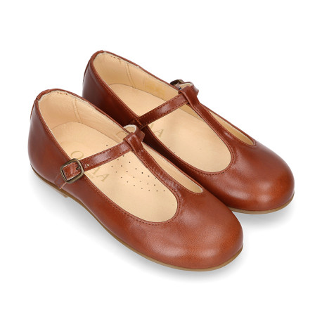 Girl T-BAR Mary Jane shoes in TAN Nappa leather.