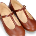 Girl T-BAR Mary Jane shoes in TAN Nappa leather.