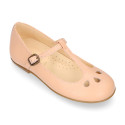 Girl T-BAR Mary Jane shoes in TRENDY colors Nappa leather with petals design.