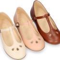 Girl T-BAR Mary Jane shoes in TRENDY colors Nappa leather with petals design.