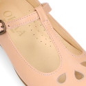 Girl T-BAR Mary Jane shoes in TRENDY colors Nappa leather with petals design.