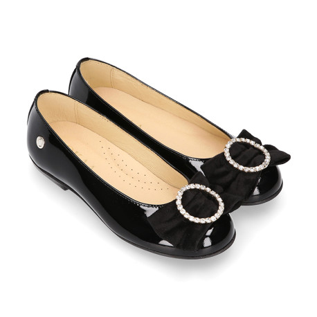 LUXURY Girl Ballet flat shoes with velvet bow with crystals in patent leather.
