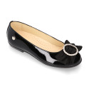 LUXURY Girl Ballet flat shoes with velvet bow with crystals in patent leather.