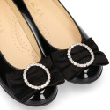 LUXURY Girl Ballet flat shoes with velvet bow with crystals in patent leather.