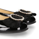 LUXURY Girl Ballet flat shoes with velvet bow with crystals in patent leather.