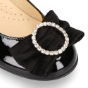 LUXURY Girl Ballet flat shoes with velvet bow with crystals in patent leather.