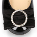 LUXURY Girl Ballet flat shoes with velvet bow with crystals in patent leather.