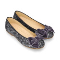 LUXURY Girl Ballet flat shoes with velvet bow in leather with glitter.