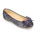 LUXURY Girl Ballet flat shoes with velvet bow in leather with glitter.