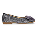LUXURY Girl Ballet flat shoes with velvet bow in leather with glitter.
