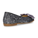 LUXURY Girl Ballet flat shoes with velvet bow in leather with glitter.