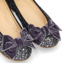 LUXURY Girl Ballet flat shoes with velvet bow in leather with glitter.