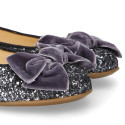 LUXURY Girl Ballet flat shoes with velvet bow in leather with glitter.