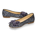 LUXURY Girl Ballet flat shoes with velvet bow in leather with glitter.