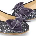 LUXURY Girl Ballet flat shoes with velvet bow in leather with glitter.