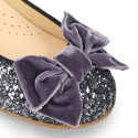 LUXURY Girl Ballet flat shoes with velvet bow in leather with glitter.