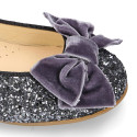 LUXURY Girl Ballet flat shoes with velvet bow in leather with glitter.