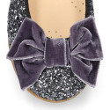 LUXURY Girl Ballet flat shoes with velvet bow in leather with glitter.