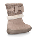 FAUX FUR and KNIT NECK design girl boot shoes in suede leather.