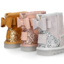 Suede leather Australian style Boot shoes with RIBBON and GLITTER design and fake hair lining.