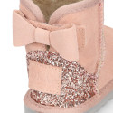 Suede leather Australian style Boot shoes with RIBBON and GLITTER design and fake hair lining.