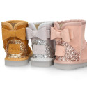 Suede leather Australian style Boot shoes with RIBBON and GLITTER design and fake hair lining.