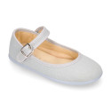 Stylized Cotton Canvas Merceditas or Mary Jane style shoes with buckle fastening.