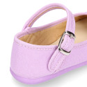 Stylized Cotton Canvas Merceditas or Mary Jane style shoes with buckle fastening.