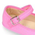 Stylized Cotton Canvas Merceditas or Mary Jane style shoes with buckle fastening.