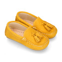 Suede leather Moccasin shoes with TASSELS in seasonal colors for little kids.