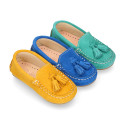 Suede leather Moccasin shoes with TASSELS in seasonal colors for little kids.