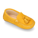 Suede leather Moccasin shoes with TASSELS in seasonal colors for little kids.