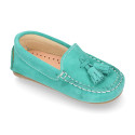 Suede leather Moccasin shoes with TASSELS in seasonal colors for little kids.