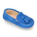 Suede leather Moccasin shoes with TASSELS in seasonal colors for little kids.