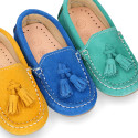 Suede leather Moccasin shoes with TASSELS in seasonal colors for little kids.