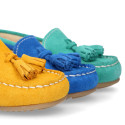 Suede leather Moccasin shoes with TASSELS in seasonal colors for little kids.