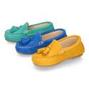 Suede leather Moccasin shoes with TASSELS in seasonal colors for little kids.