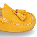 Suede leather Moccasin shoes with TASSELS in seasonal colors for little kids.