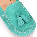 Suede leather Moccasin shoes with TASSELS in seasonal colors for little kids.