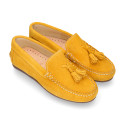 Suede leather Moccasin shoes with TASSELS in seasonal colors for toddler kids.