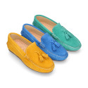 Suede leather Moccasin shoes with TASSELS in seasonal colors for toddler kids.