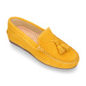 Suede leather Moccasin shoes with TASSELS in seasonal colors for toddler kids.