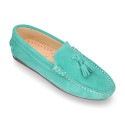 Suede leather Moccasin shoes with TASSELS in seasonal colors for toddler kids.