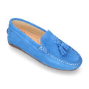 Suede leather Moccasin shoes with TASSELS in seasonal colors for toddler kids.