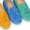 Suede leather Moccasin shoes with TASSELS in seasonal colors for toddler kids.