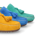 Suede leather Moccasin shoes with TASSELS in seasonal colors for toddler kids.