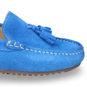 Suede leather Moccasin shoes with TASSELS in seasonal colors for toddler kids.