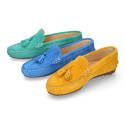 Suede leather Moccasin shoes with TASSELS in seasonal colors for toddler kids.