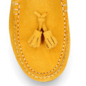 Suede leather Moccasin shoes with TASSELS in seasonal colors for toddler kids.