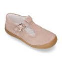 Classic suede leather T-strap shoes with toe cap and buckle fastening.